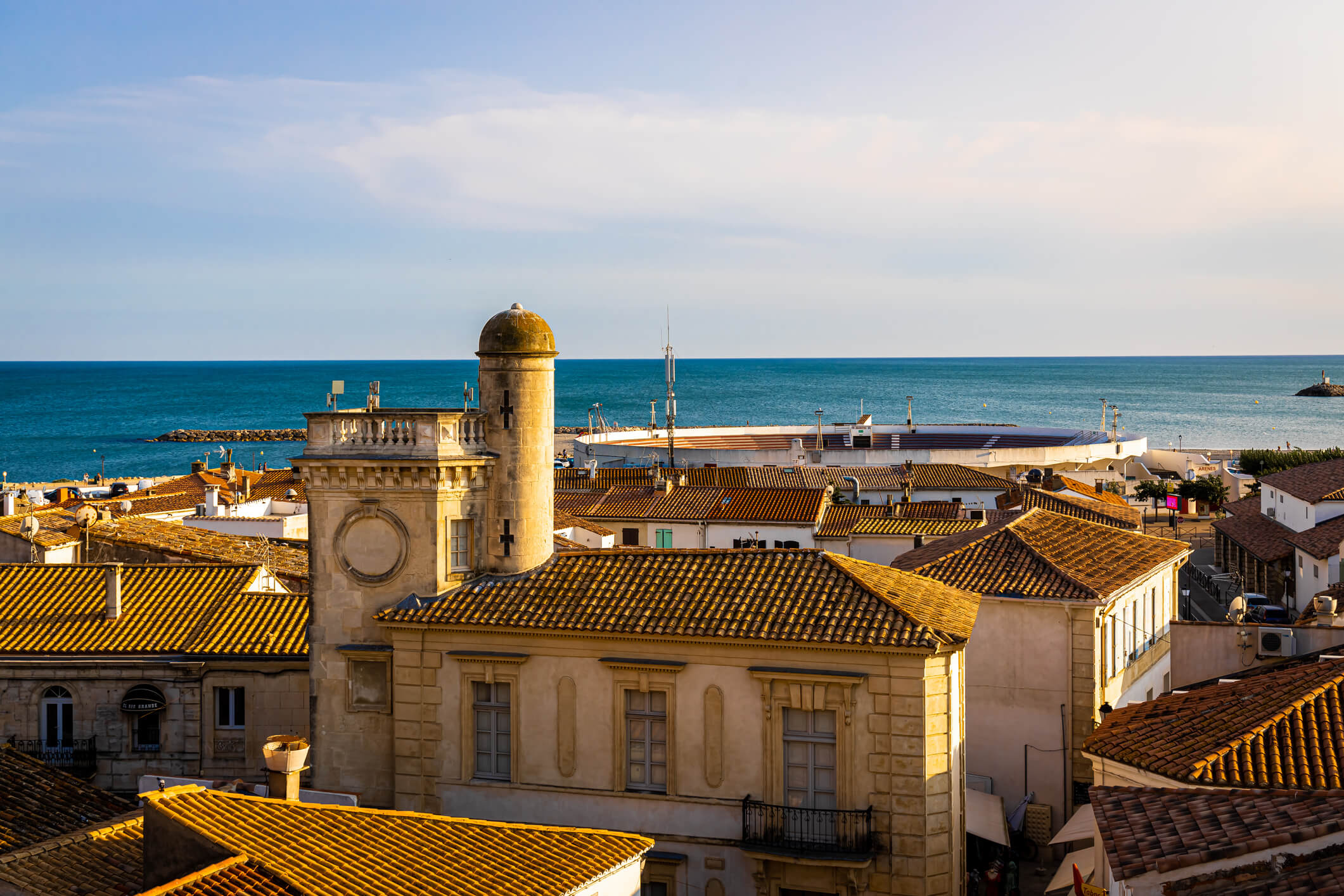 The sunset view of Saintes-Maries-de-la-Mer,  the capital of the Camargue in the south of France