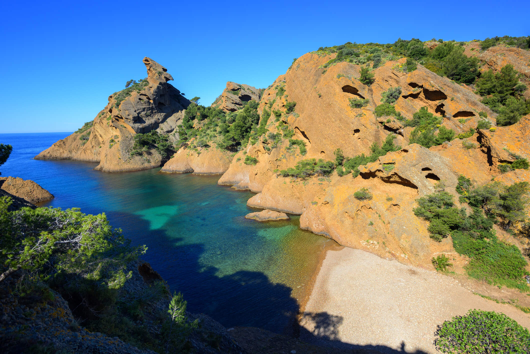 Calanque de Figuerolles near Marseilles with distinctive rock "The Lion", blue water lagoon and beautiful beach, La Ciotat, Provence, France